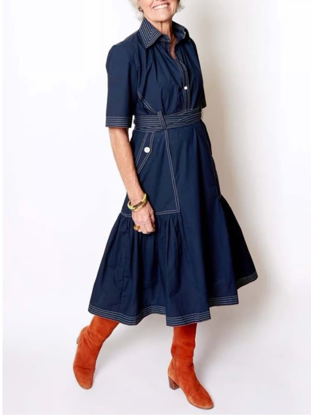 LOVEBIRDS Classic Navy Shirtwaist Dress with Contrast Stitching Size Medium